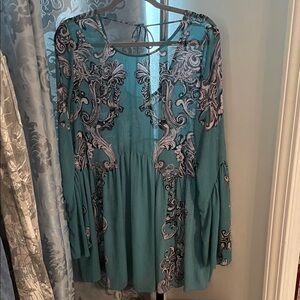Free People Teal Peasant Top with Black & White Print